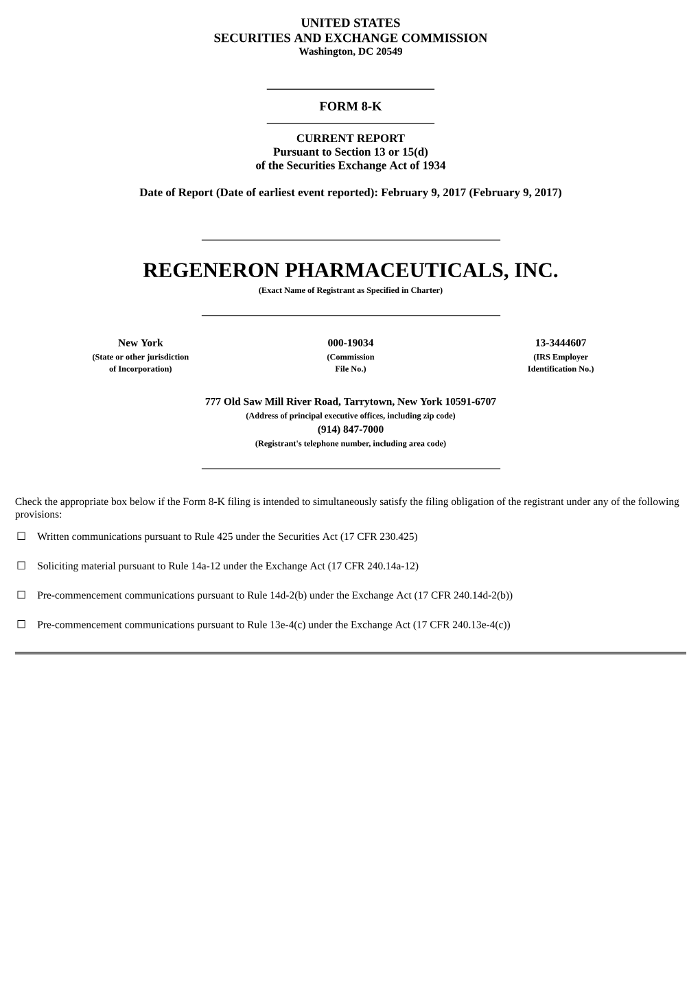 REGENERON PHARMACEUTICALS, INC. (Exact Name of Registrant As Specified in Charter)