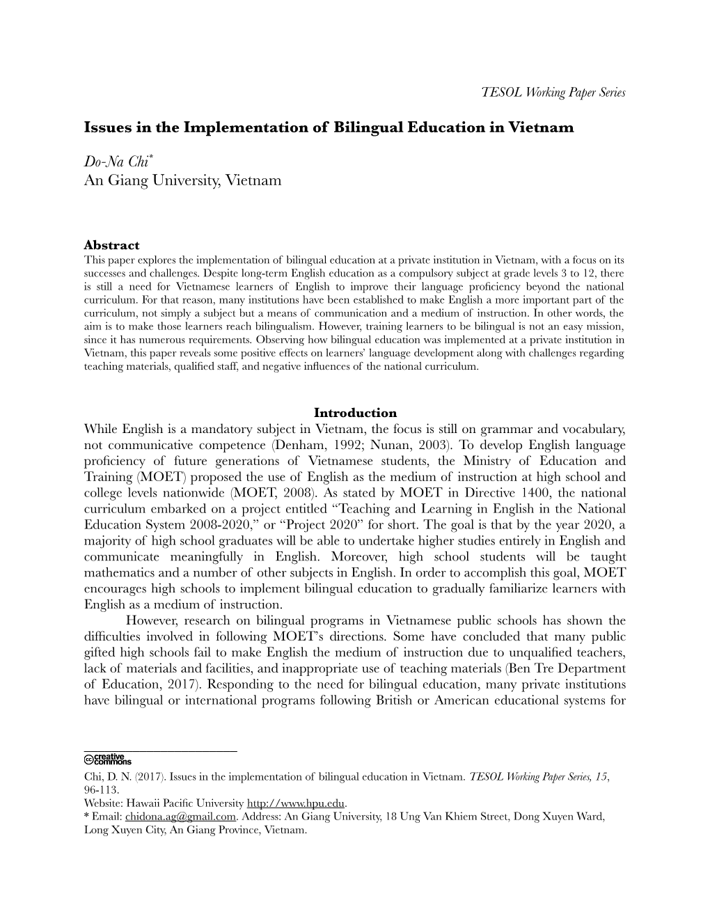 Issues in the Implementation of Bilingual Education in Vietnam