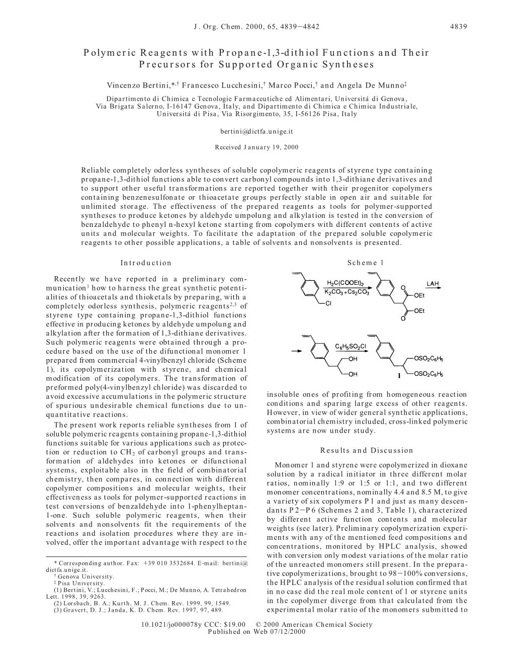 Polymeric Reagents with Propane-1,3-Dithiol Functions and Their Precursors for Supported Organic Syntheses