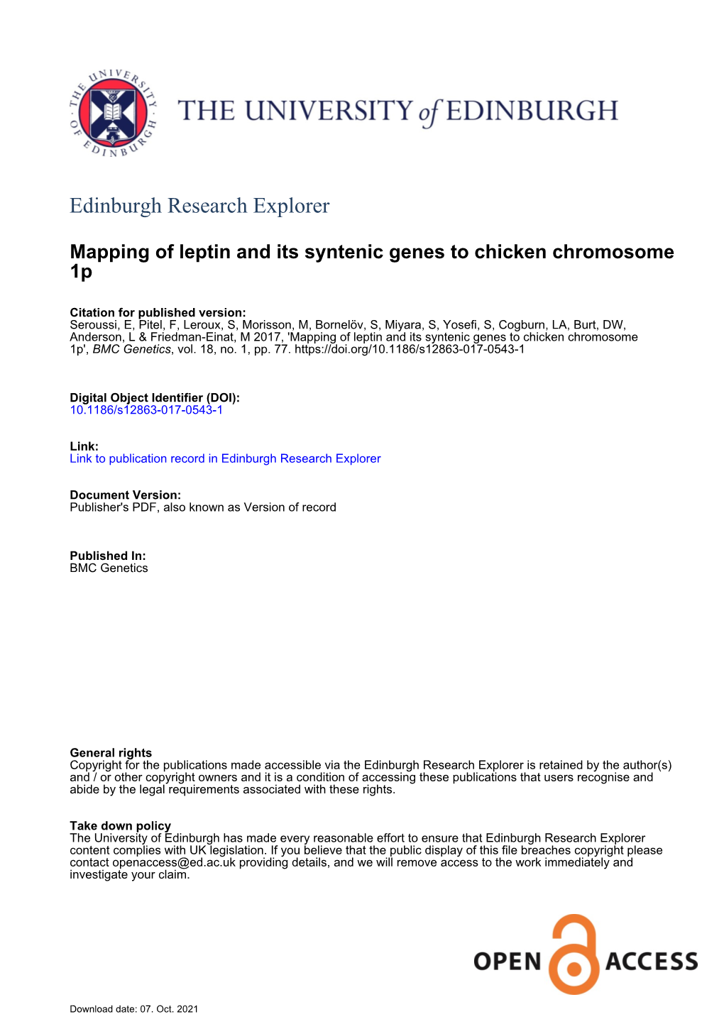 Mapping of Leptin and Its Syntenic Genes to Chicken Chromosome