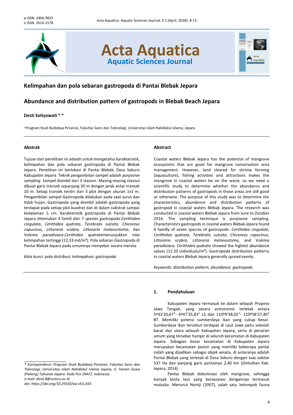 Acta Aquatica: Aquatic Sciences Journal, 5:1 (April, 2018): 8-13 E-ISSN