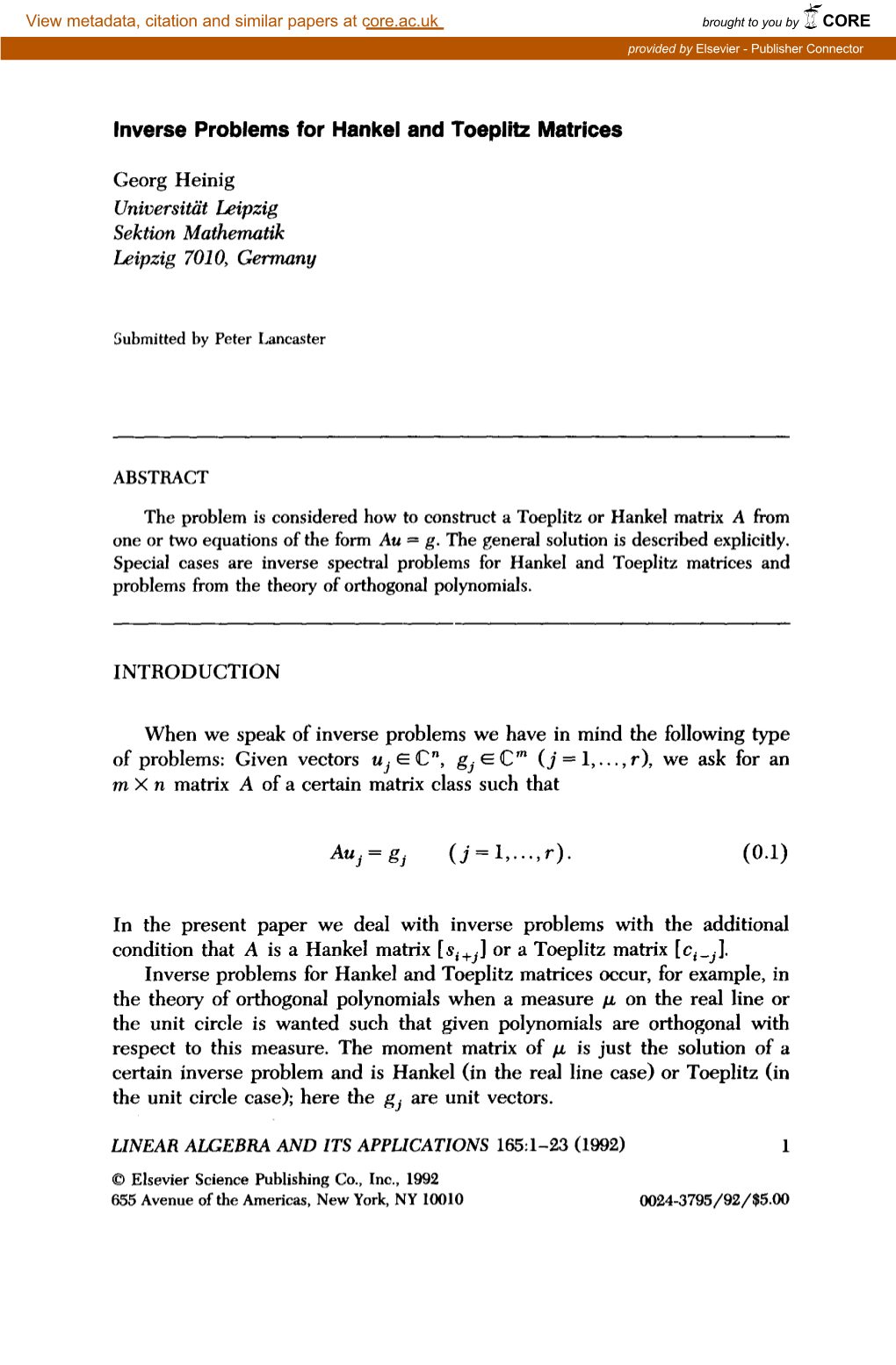 Inverse Problems for Hankel and Toeplitz Matrices