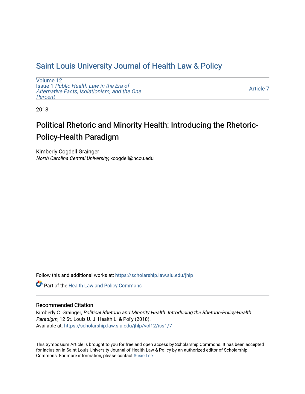 Political Rhetoric and Minority Health: Introducing the Rhetoric- Policy-Health Paradigm