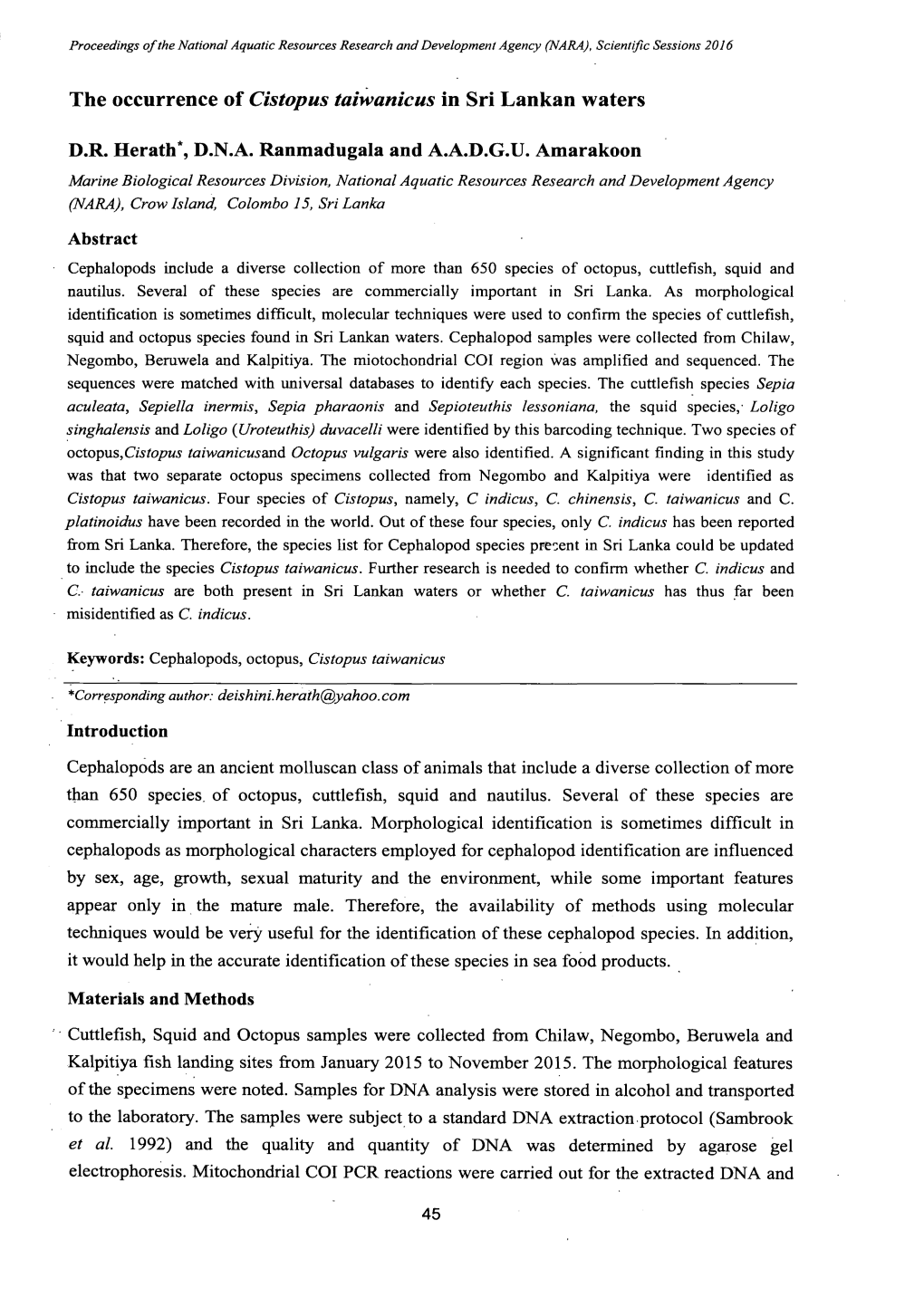 The Occurrence of Cistopus Taiwanicus in Sri Lankan Waters