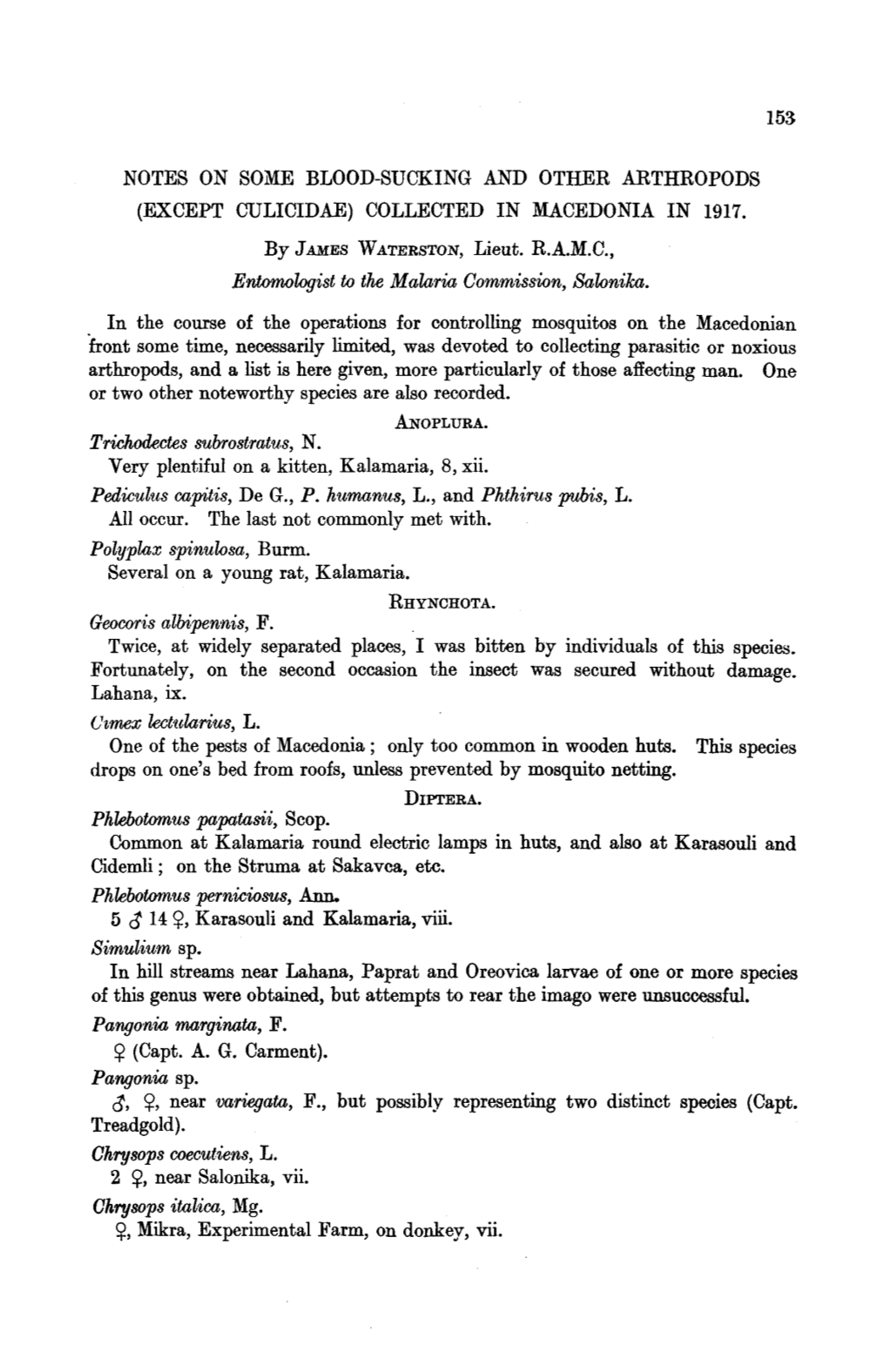 Notes on Some Blood-Sucking and Other Arthropods (Except Culicidae) Collected in Macedonia in 1917