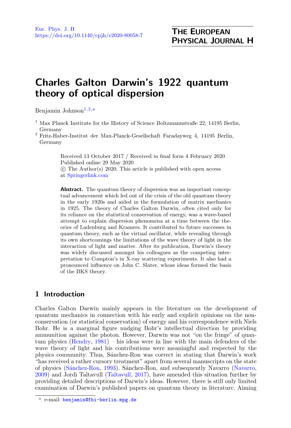 Charles Galton Darwin's 1922 Quantum Theory of Optical Dispersion