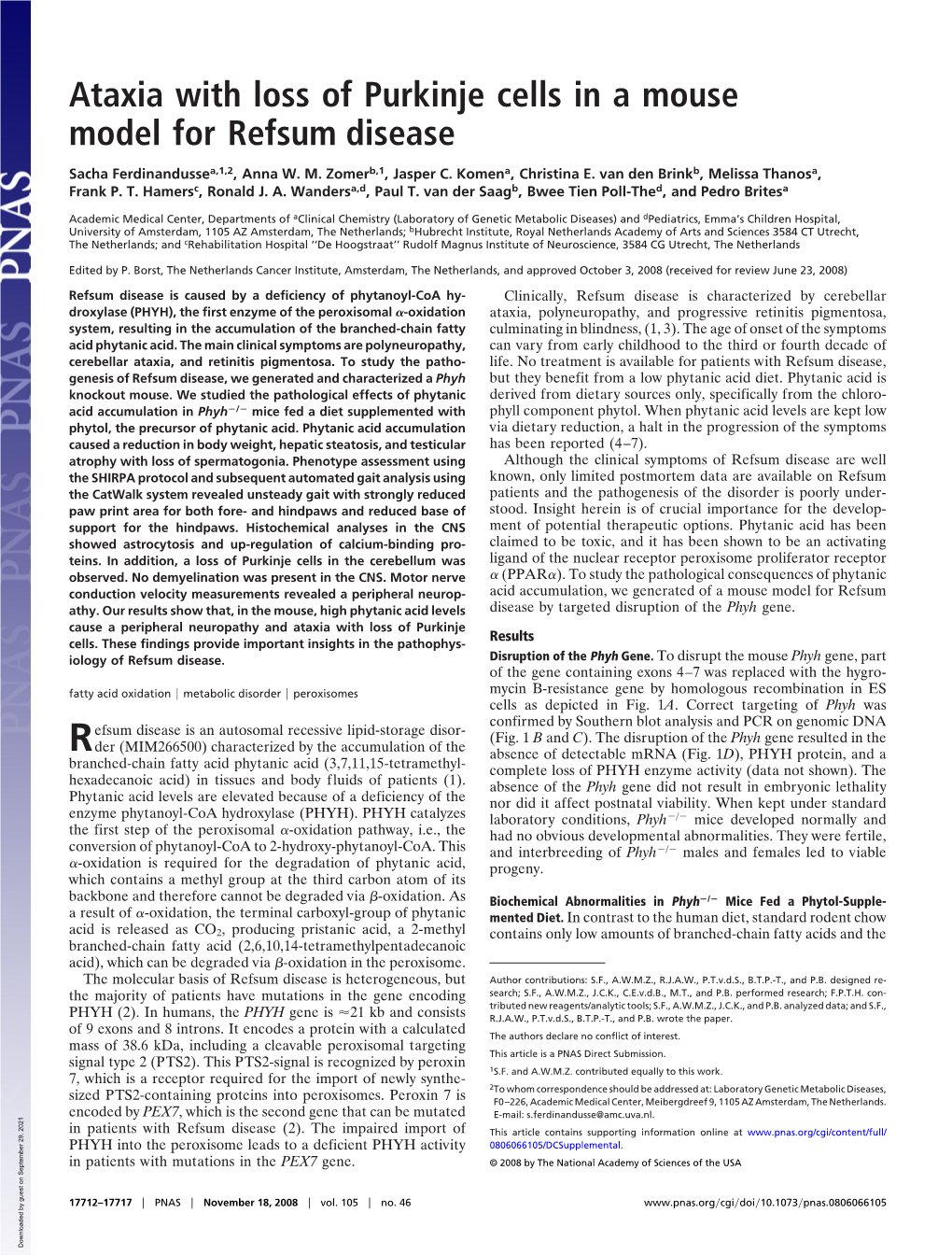 Ataxia with Loss of Purkinje Cells in a Mouse Model for Refsum Disease