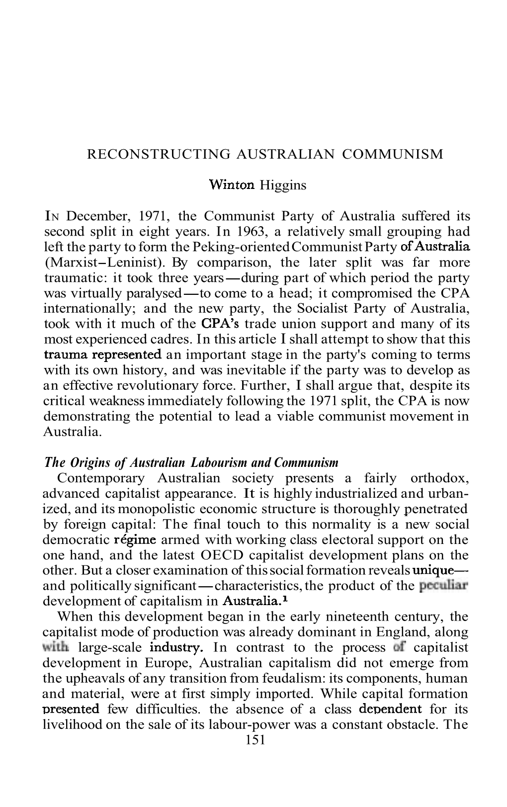 RECONSTRUCTING AUSTRALIAN COMMUNISM Winton Higgins IN