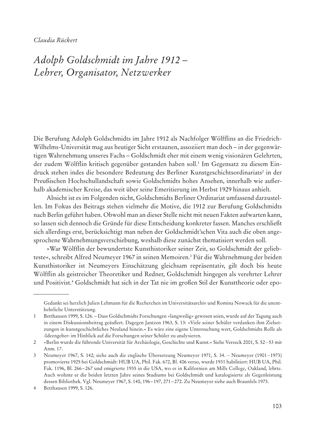 Adolph Goldschmidt Im Jahre 1912 – Lehrer, Organisator, Netzwerker