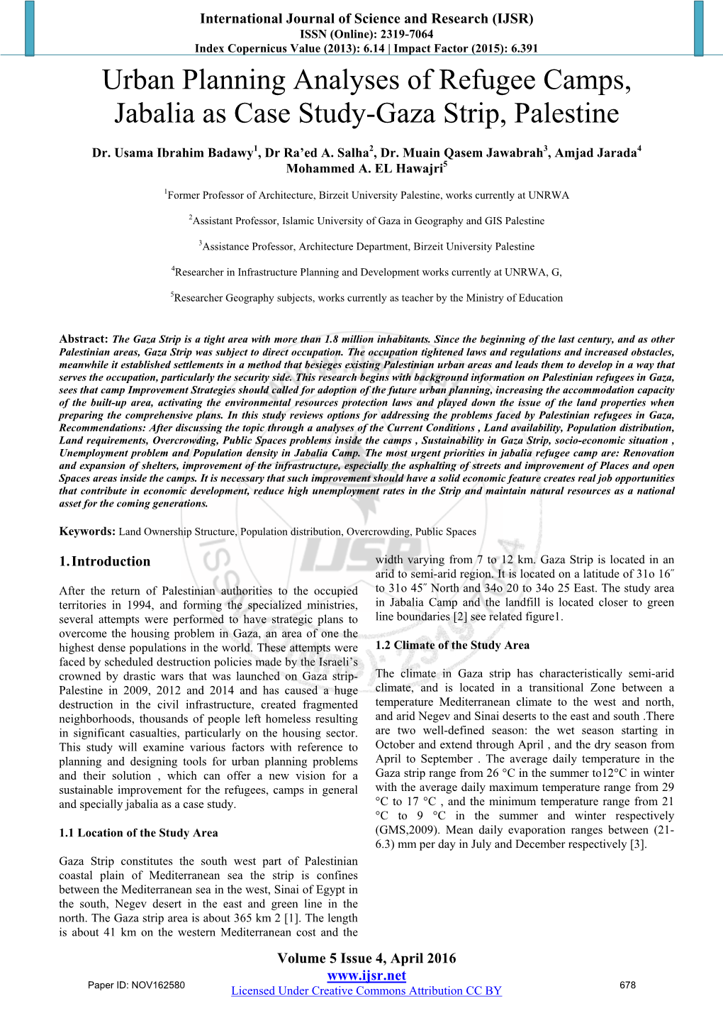 Urban Planning Analyses of Refugee Camps, Jabalia As Case Study-Gaza Strip, Palestine