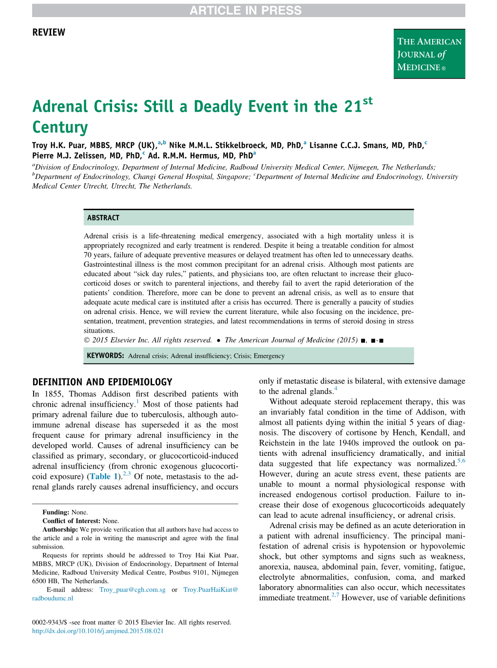 Adrenal Crisis: Still a Deadly Event in the 21St Century Troy H.K