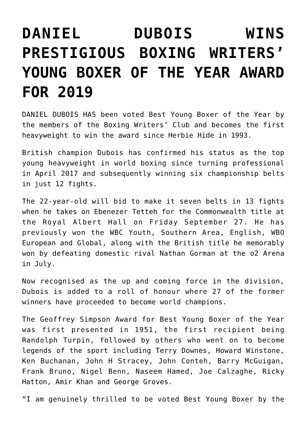 Daniel Dubois Wins Prestigious Boxing Writers’ Young Boxer of the Year Award for 2019