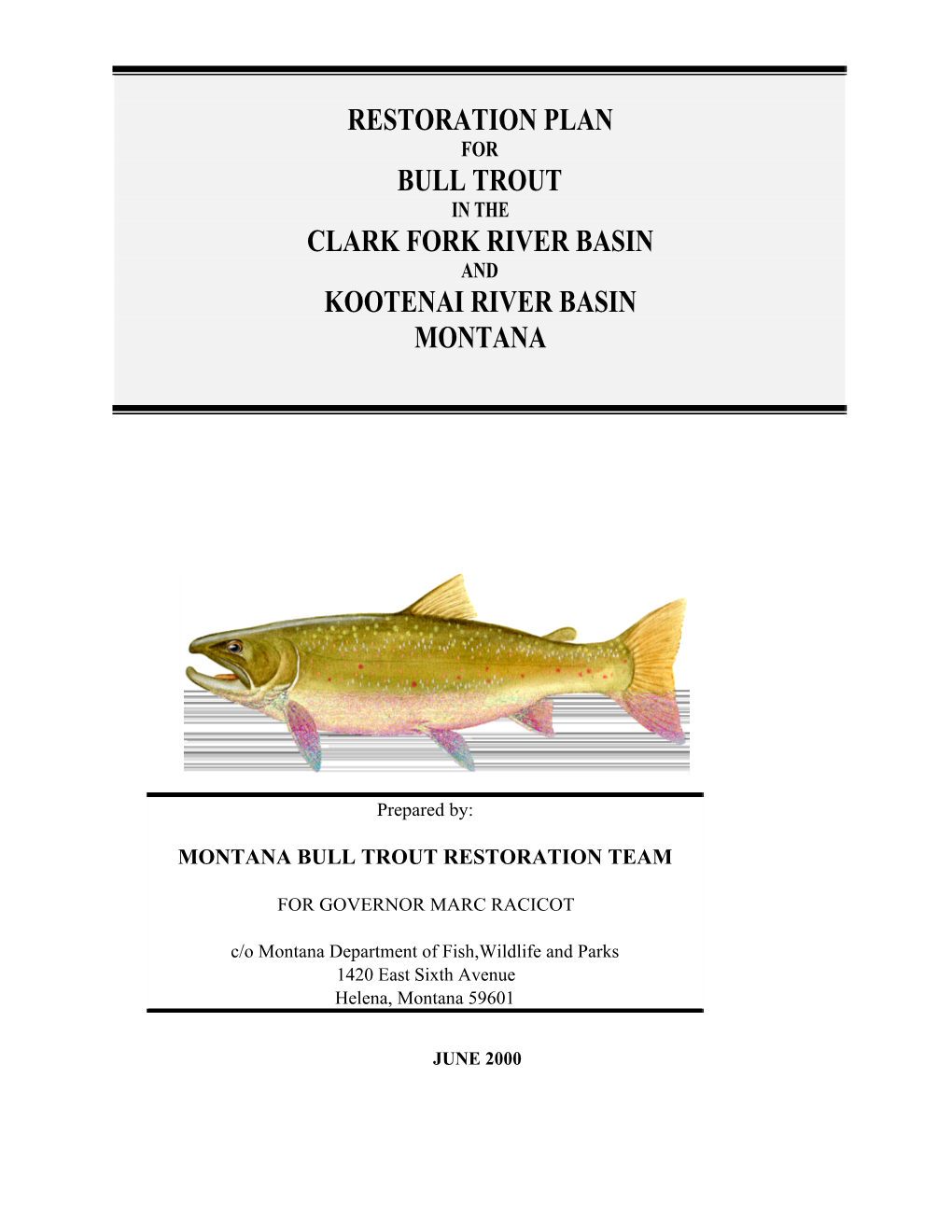 Restoration Plan for Bull Trout in the Clark Fork River Basin and Kootenai River Basin Montana