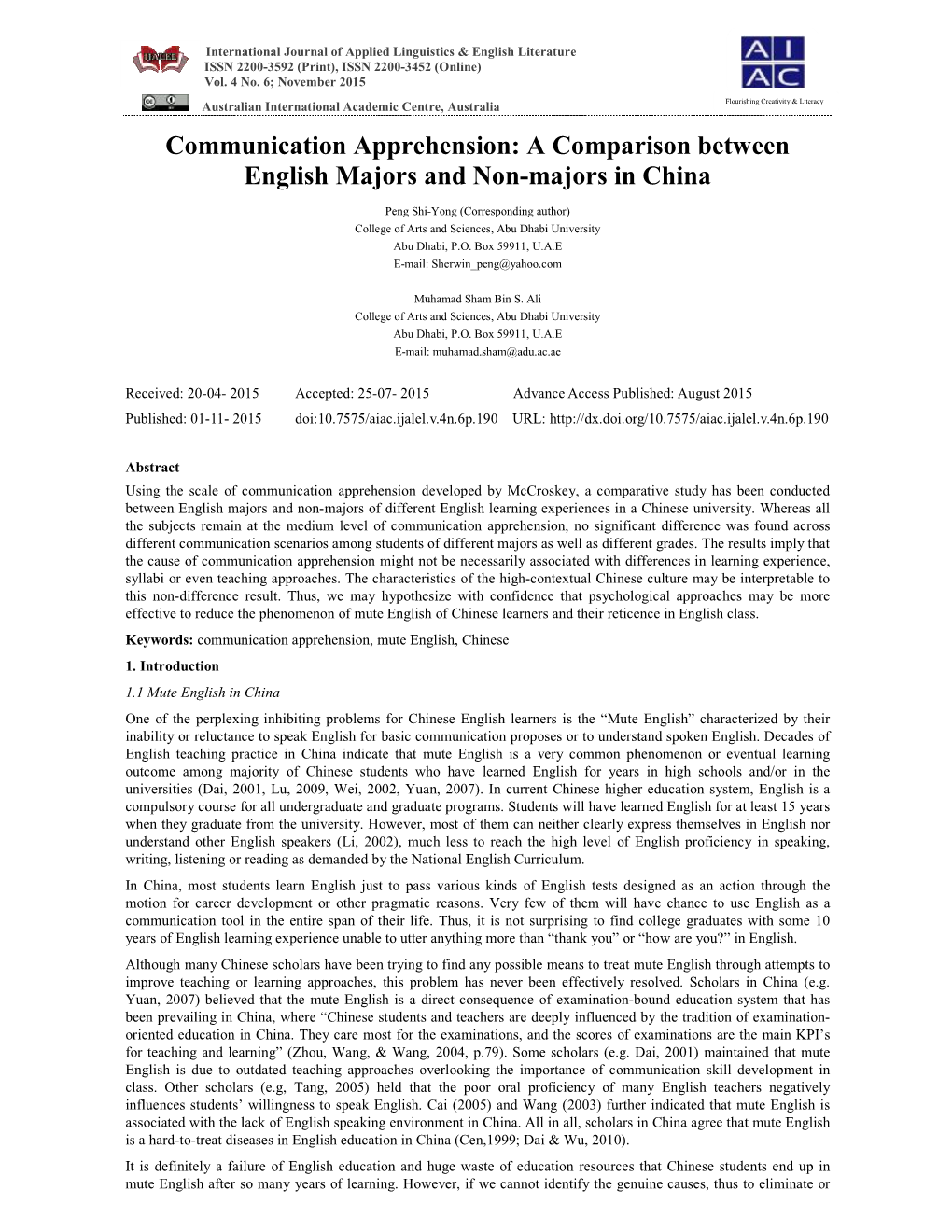 Communication Apprehension: a Comparison Between English Majors and Non-Majors in China