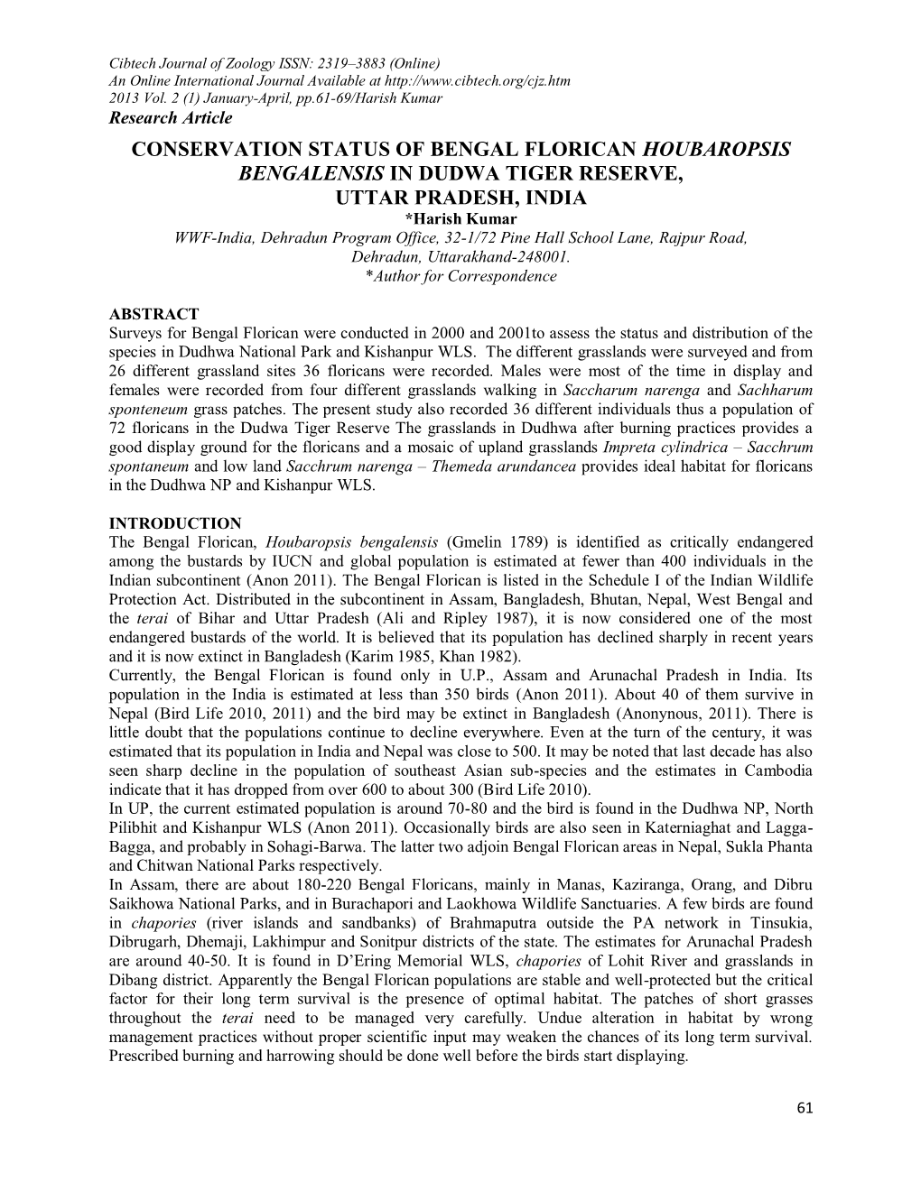 Conservation Status of Bengal Florican Houbaropsis Bengalensis