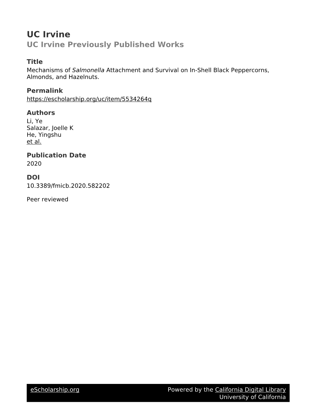 Mechanisms of Salmonella Attachment and Survival on In-Shell Black Peppercorns, Almonds, and Hazelnuts