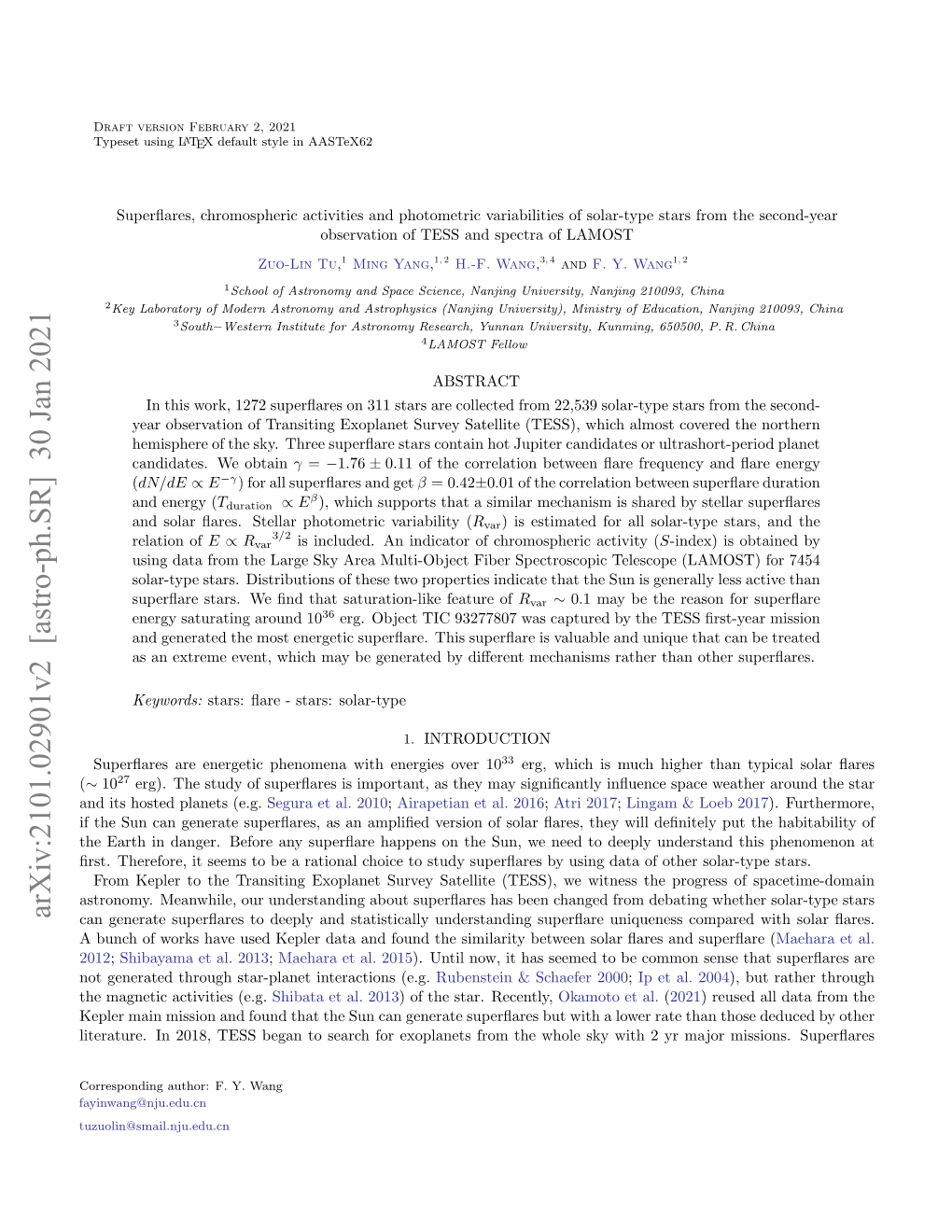 Arxiv:2101.02901V2 [Astro-Ph.SR] 30 Jan 2021 Can Generate Superﬂares to Deeply and Statistically Understanding Superﬂare Uniqueness Compared with Solar ﬂares