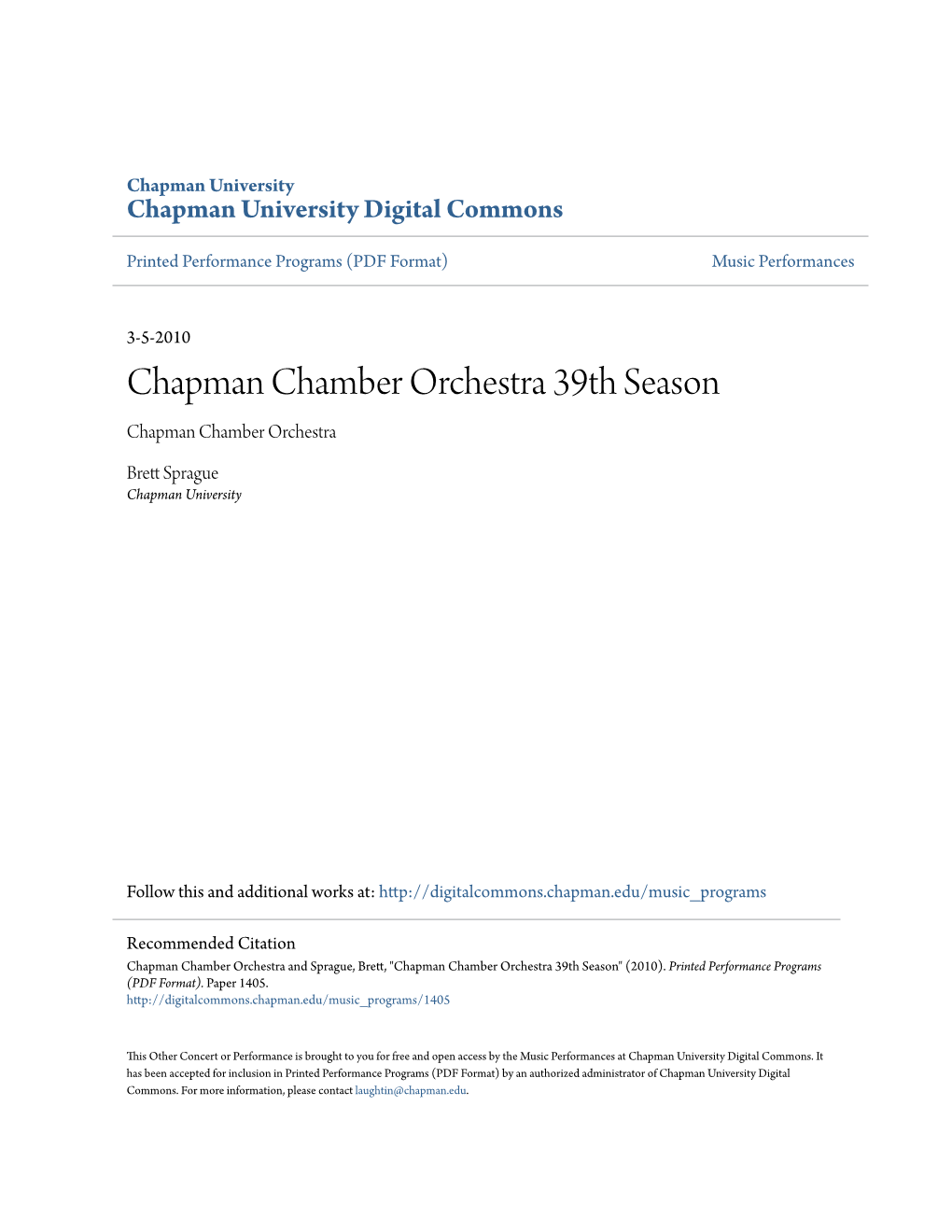 Chapman Chamber Orchestra 39Th Season Chapman Chamber Orchestra