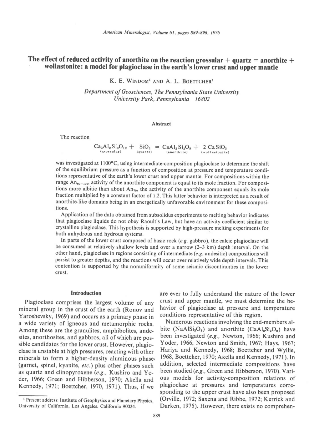 The Effect of Reduced Activity of Anorthite on the Reaction Grossular