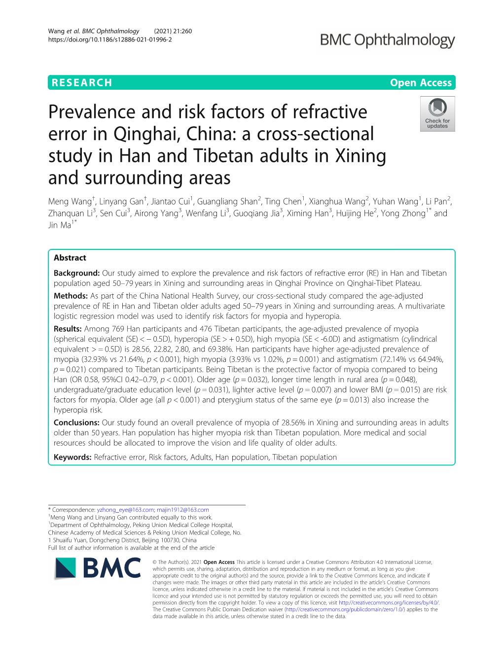 Prevalence and Risk Factors of Refractive