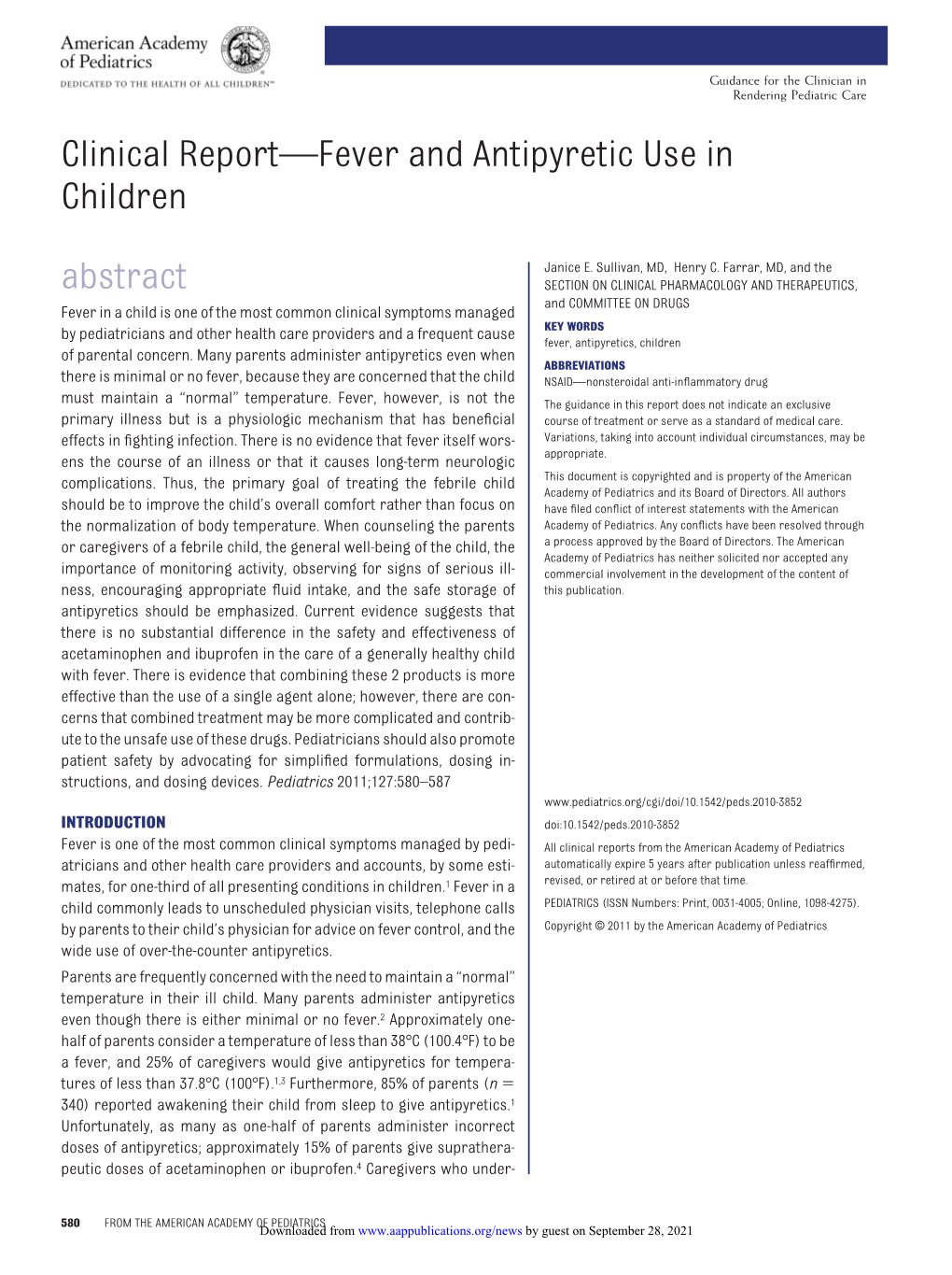 Clinical Report—Fever and Antipyretic Use in Children Abstract