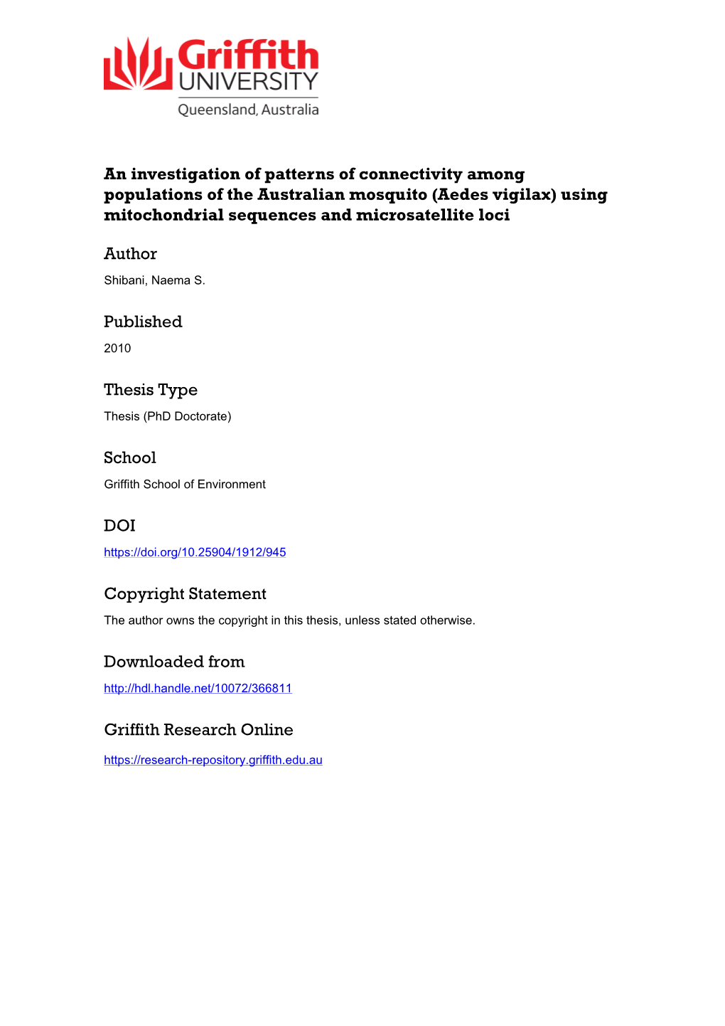 (Aedes Vigilax) Using Mitochondrial Sequences and Microsatellite Loci