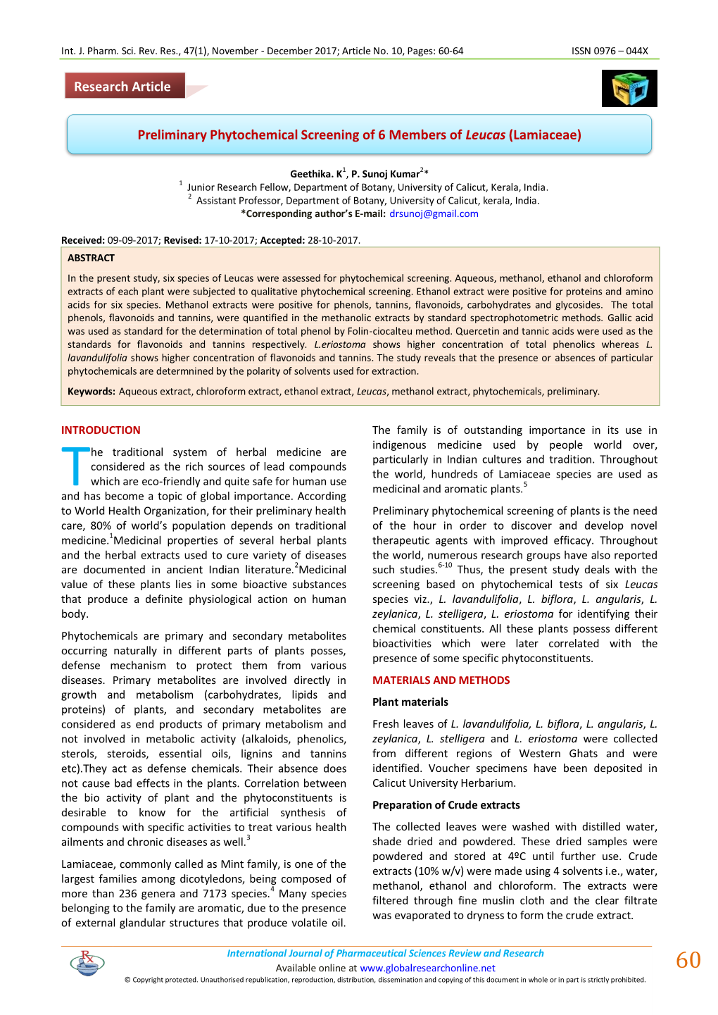 Preliminary Phytochemical Screening of 6 Members of Leucas (Lamiaceae)