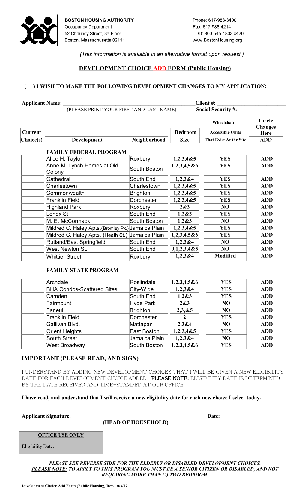 DEVELOPMENT CHOICE ADD FORM (Public Housing) IMPORTANT