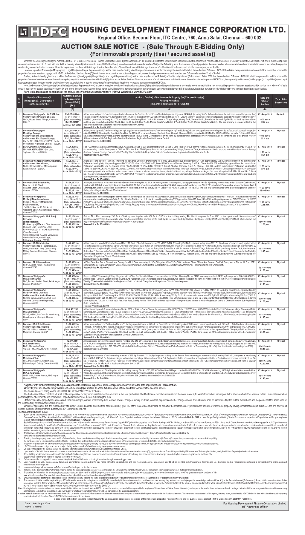 HOUSING DEVELOPMENT FINANCE CORPORATION LTD. Regional Office, Second Floor, ITC Centre, 760, Anna Salai, Chennai – 600 002