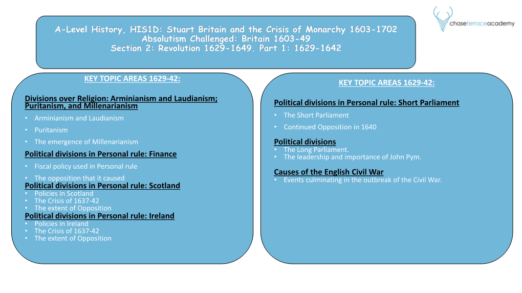 A-Level History, HIS1D: Stuart Britain and the Crisis of Monarchy 1603-1702 Absolutism Challenged: Britain 1603-49 Section 2: Revolution 1629-1649