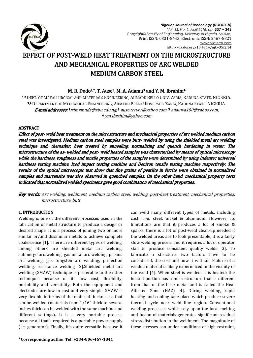 Effect of Post-Weld Heat Treatment on the Microstructure and Mechanical Properties of Arc Welded Medium Carbon Steel