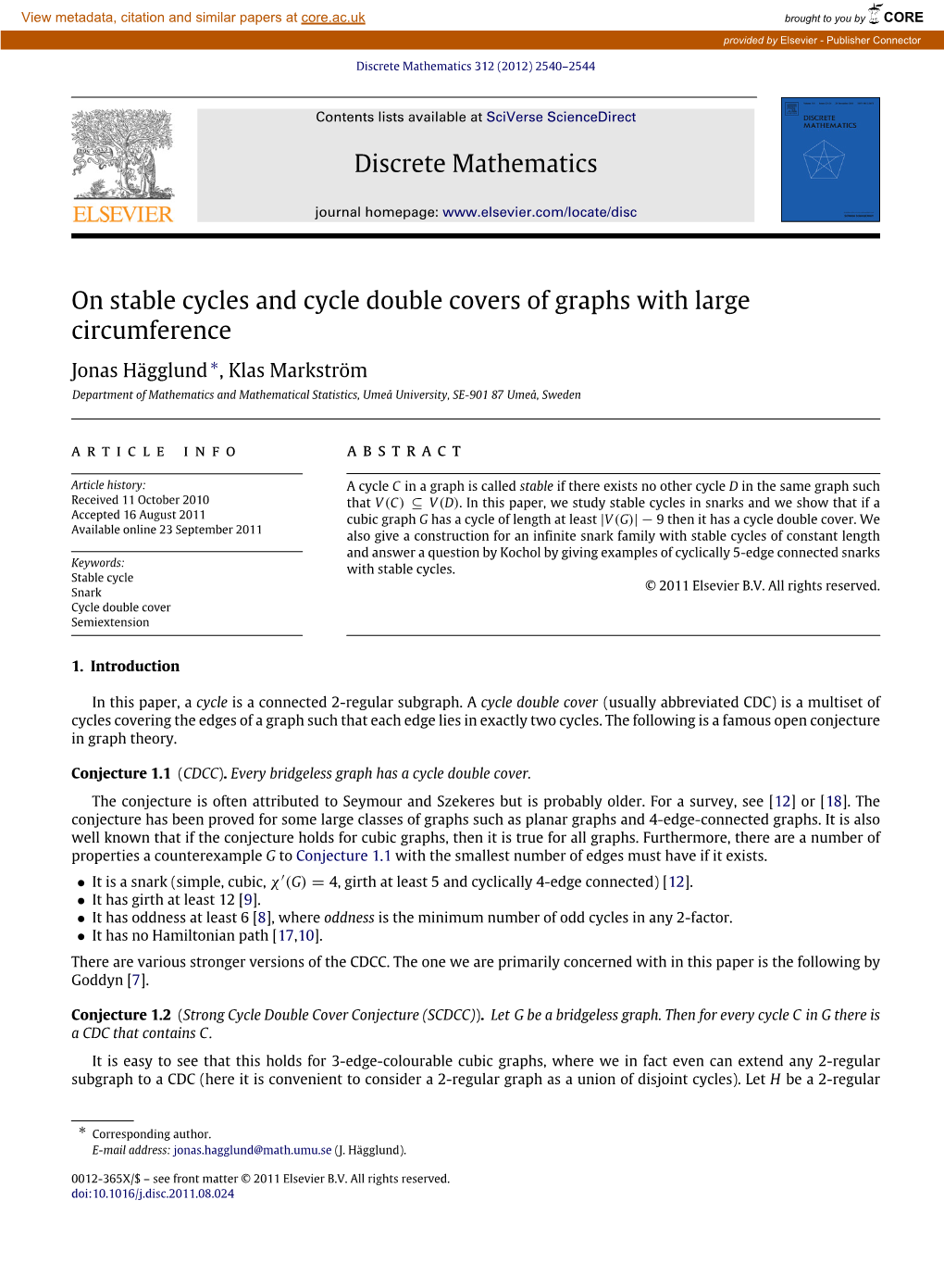 On Stable Cycles and Cycle Double Covers of Graphs with Large Circumference