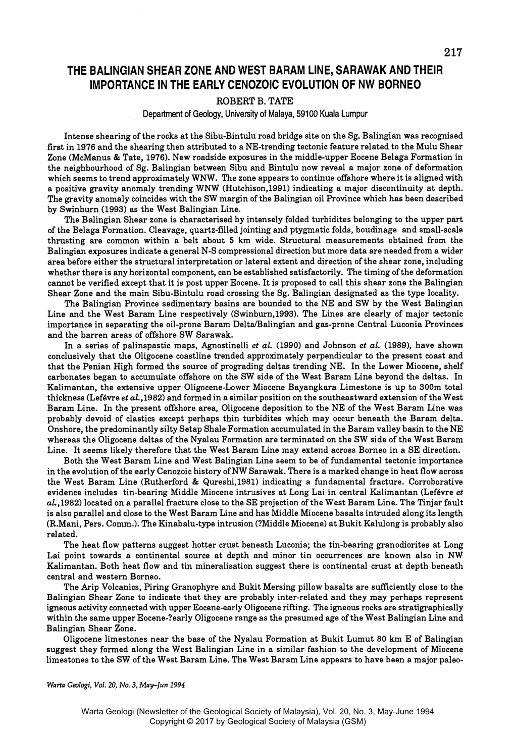 The Balingian Shear Zone and West Baram Line, Sarawak and Their Importance in the Early Cenozoic Evolution of Nw Borneo Robert B