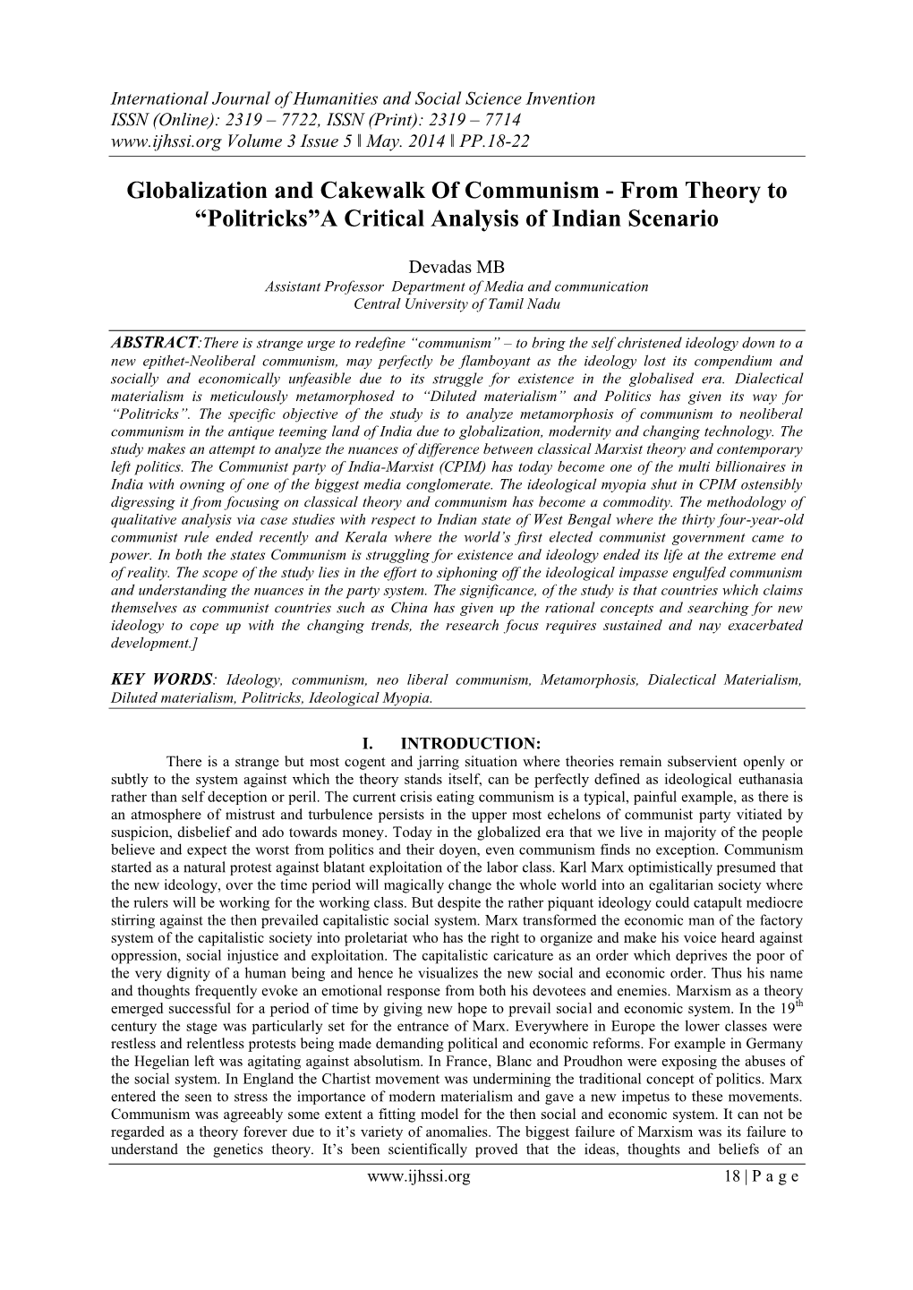 Globalization and Cakewalk of Communism - from Theory to “Politricks”A Critical Analysis of Indian Scenario