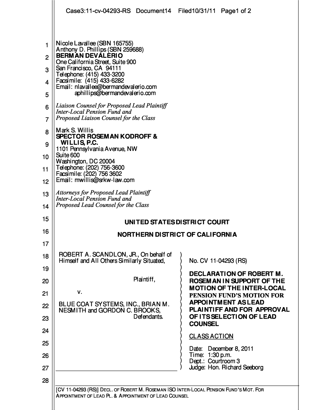 Robert A. Scandlon, Jr., Et Al. V. Blue Coat Systems, Inc., Et Al. 11-CV