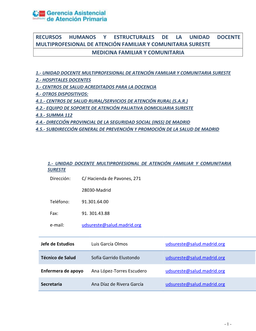 Recursos Humanos Y Estructurales De La Unidad Docente Multiprofesional De Atención Familiar Y Comunitaria Sureste Medicina Familiar Y Comunitaria