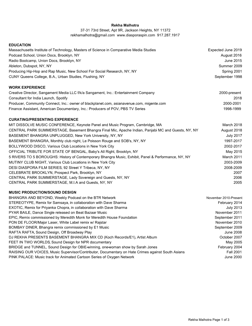 Rekha Malhotra CV 12.31.2018