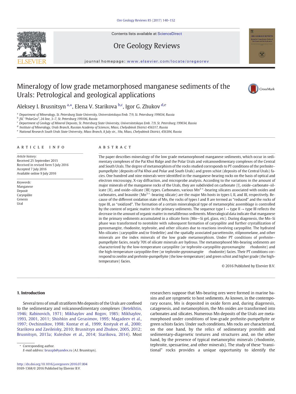 Mineralogy of Low Grade Metamorphosed Manganese Sediments of the Urals: Petrological and Geological Applications