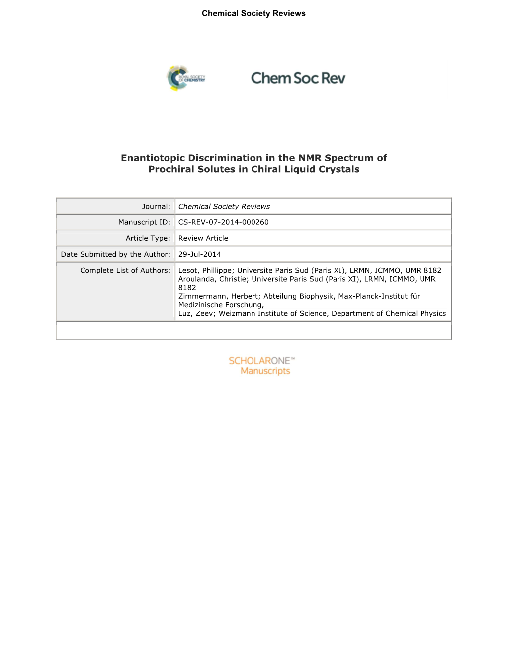 Enantiotopic Discrimination in the NMR Spectrum of Prochiral Solutes in Chiral Liquid Crystals