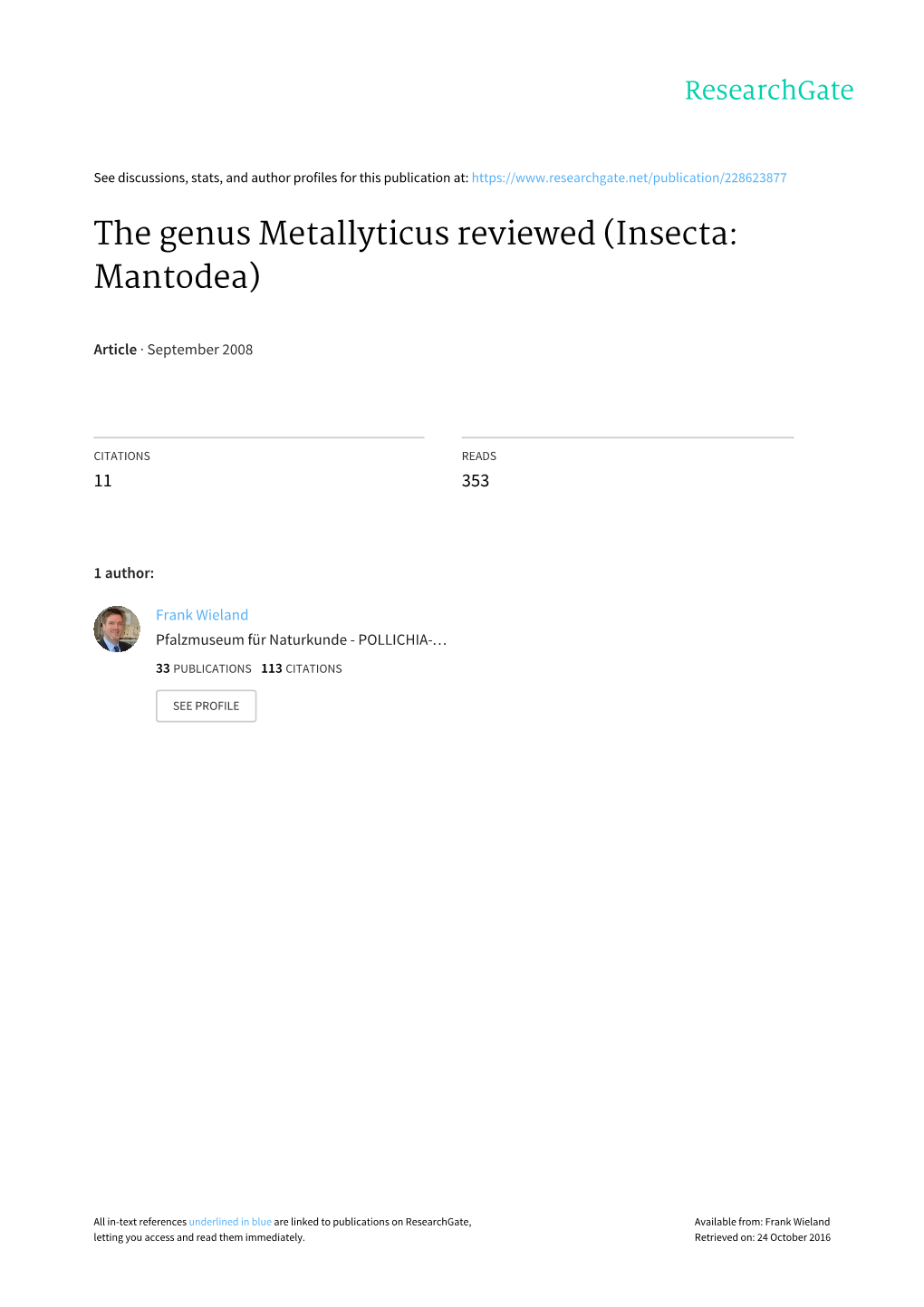 The Genus Metallyticus Reviewed (Insecta: Mantodea)