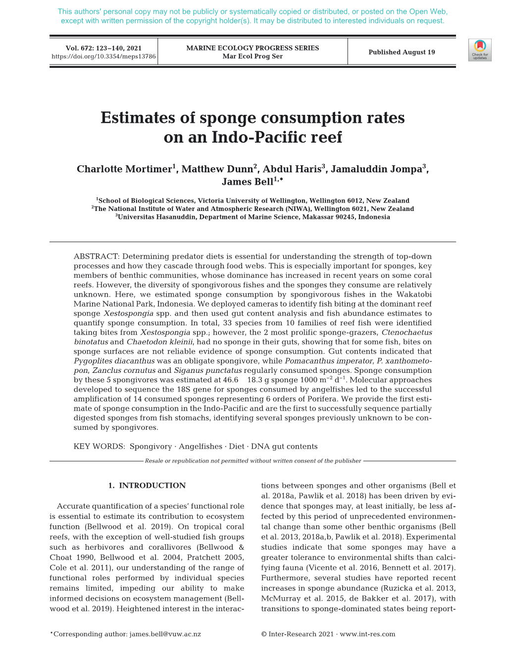 Estimates of Sponge Consumption Rates on an Indo-Pacific Reef