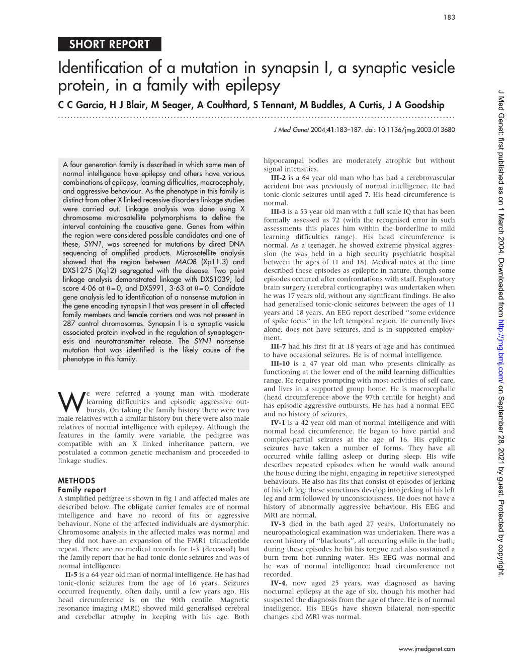 Identification of a Mutation in Synapsin I, a Synaptic Vesicle Protein, in a Family with Epilepsy J Med Genet: First Published As on 1 March 2004