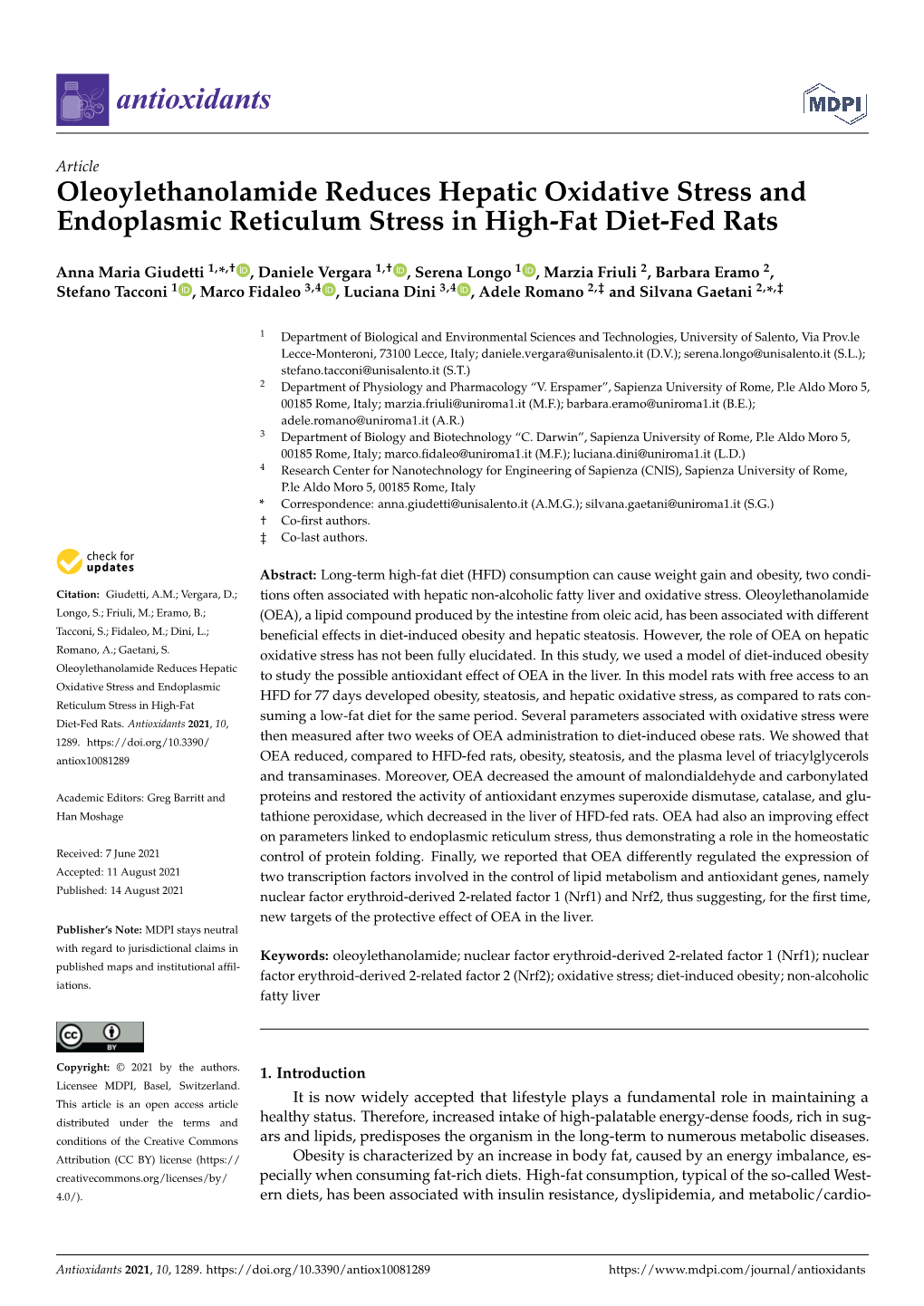 Oleoylethanolamide Reduces Hepatic Oxidative Stress and Endoplasmic Reticulum Stress in High-Fat Diet-Fed Rats