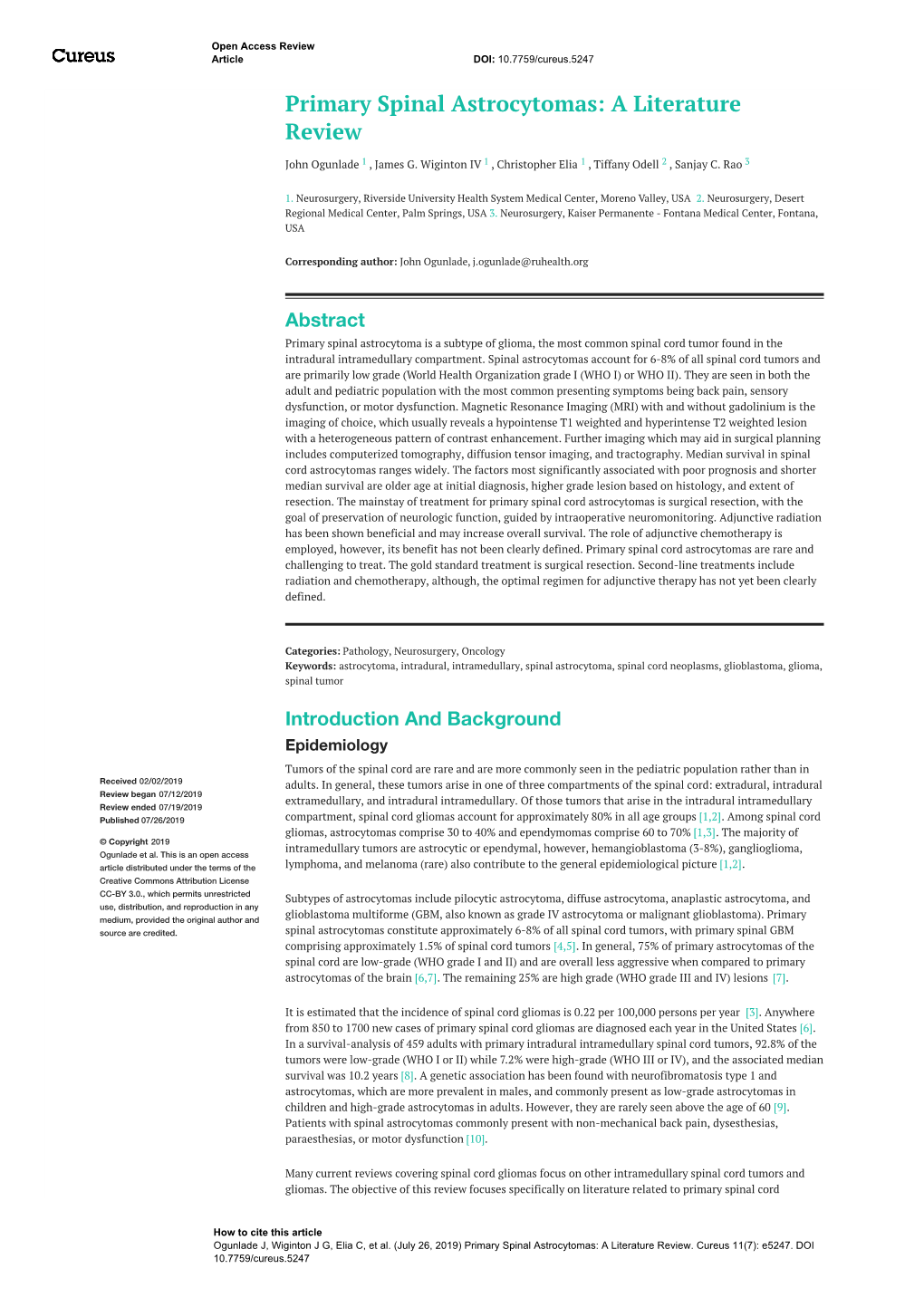 Primary Spinal Astrocytomas: a Literature Review