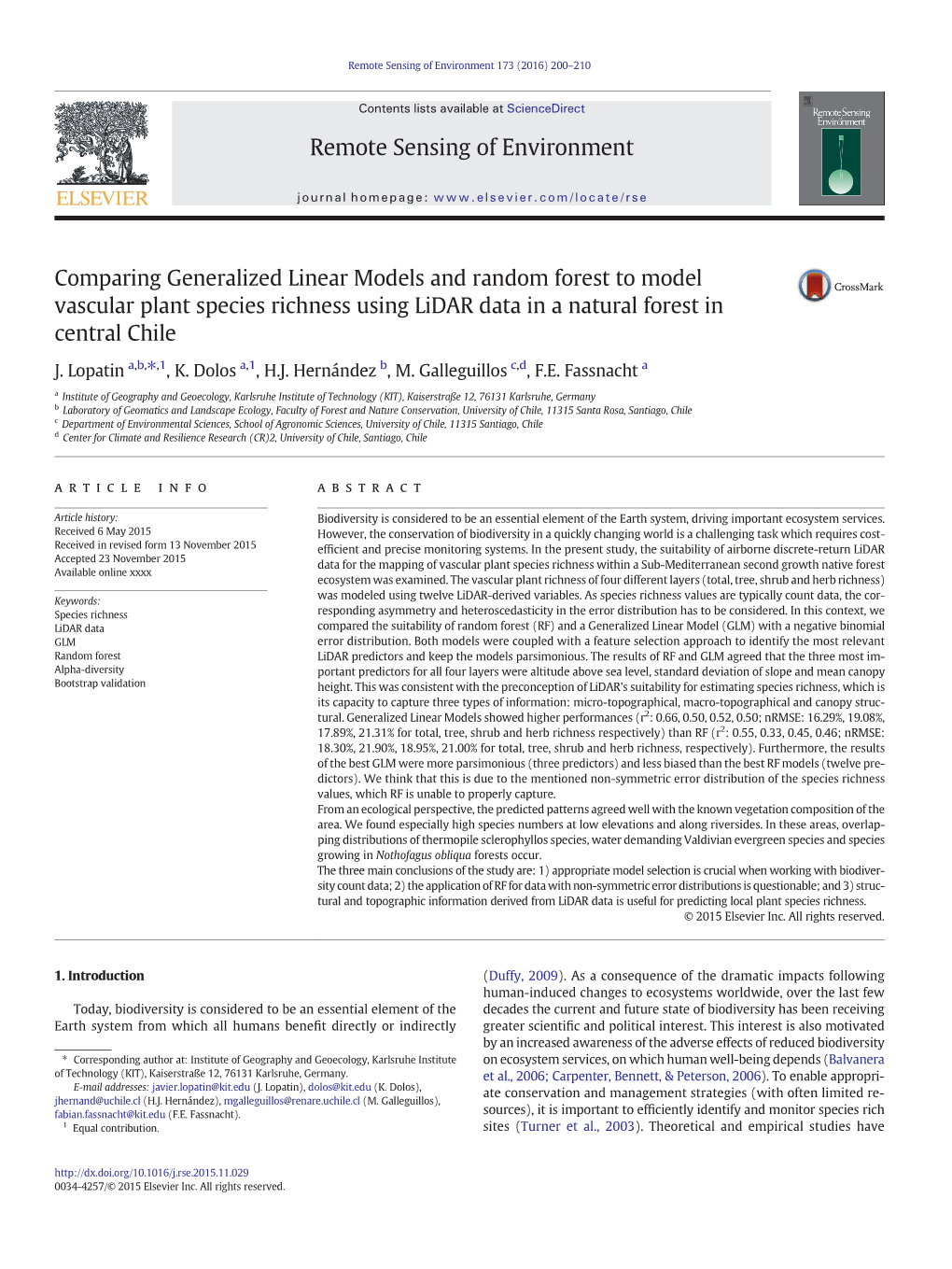 Comparing Generalized Linear Models and Random Forest to Model Vascular Plant Species Richness Using Lidar Data in a Natural Forest in Central Chile