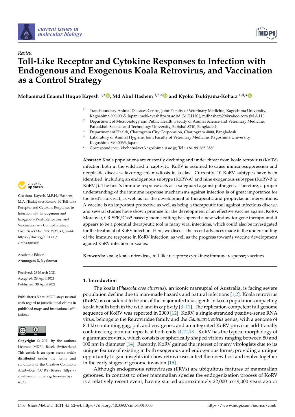 Toll-Like Receptor and Cytokine Responses to Infection with Endogenous and Exogenous Koala Retrovirus, and Vaccination As a Control Strategy