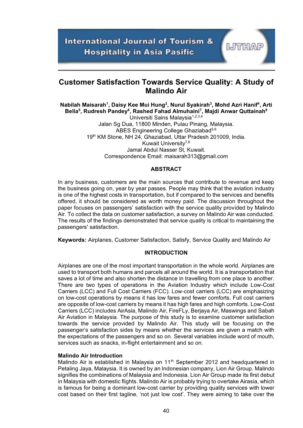 Customer Satisfaction Towards Service Quality: a Study of Malindo Air