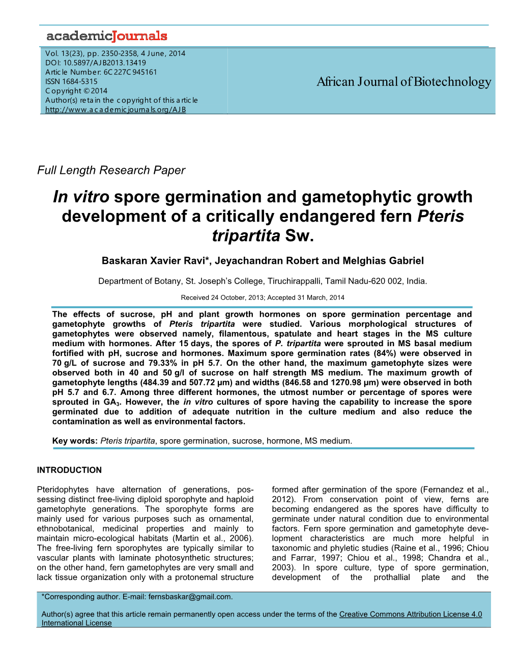 In Vitro Spore Germination and Gametophytic Growth Development of a Critically Endangered Fern Pteris Tripartita Sw