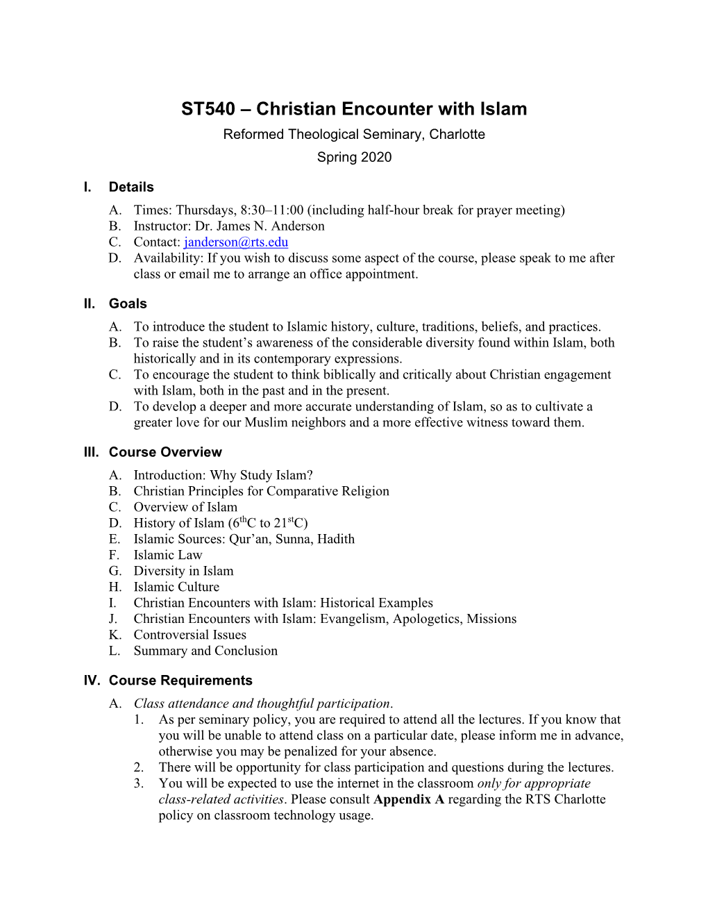 Christian Encounter with Islam Reformed Theological Seminary, Charlotte Spring 2020