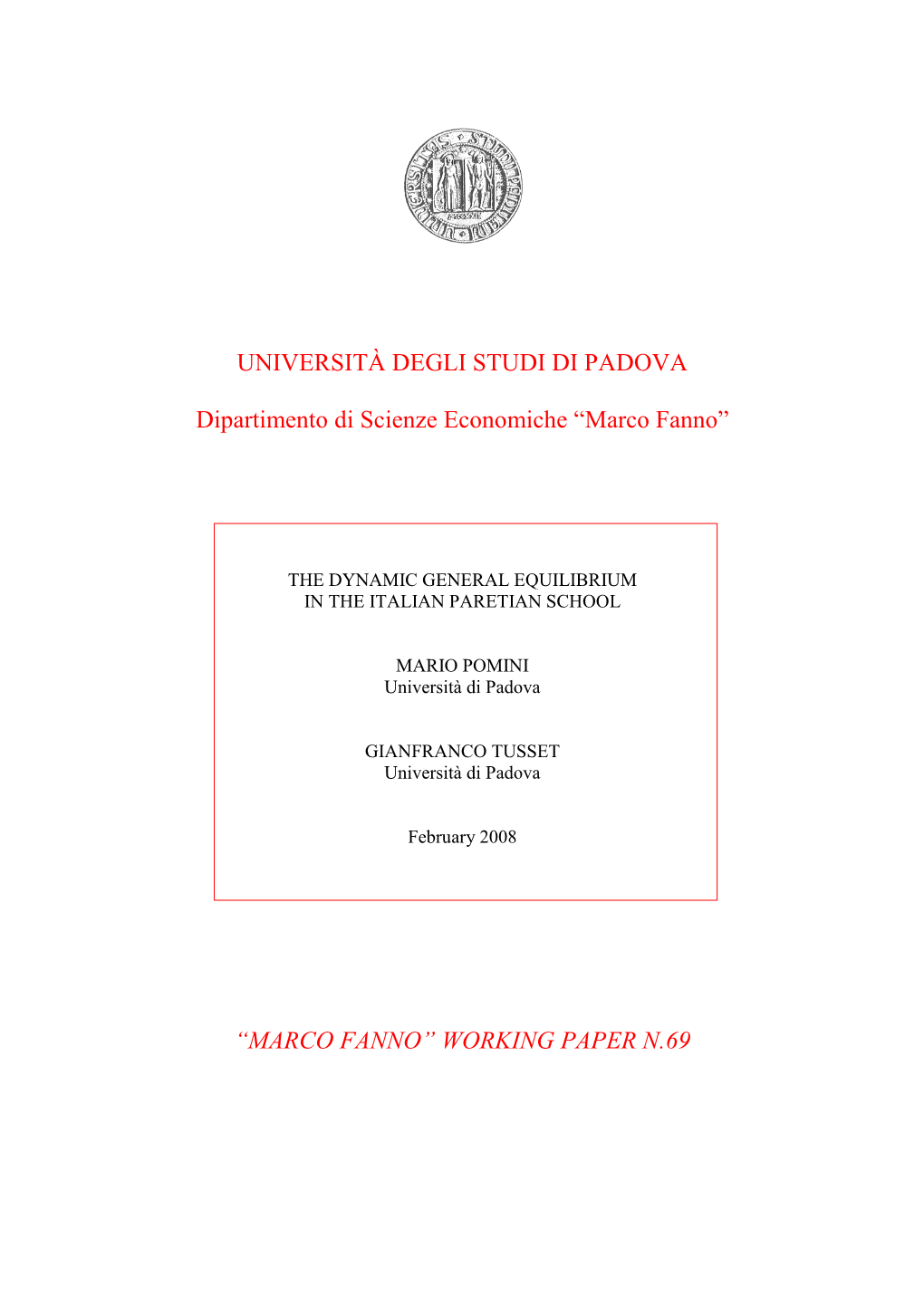 Dipartimento Di Scienze Economiche E Aziendali "Marco Fanno"